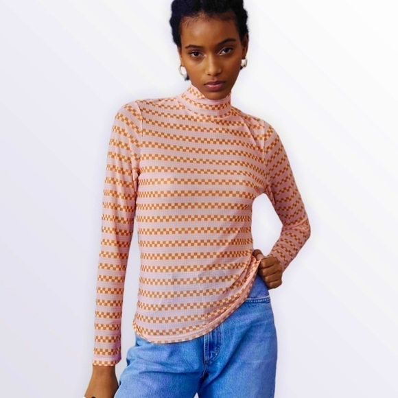 Maeve Tops - 𝅺Anthropologie Maeve Sheer Mesh Turtleneck Top Orange Geometric Print NWT